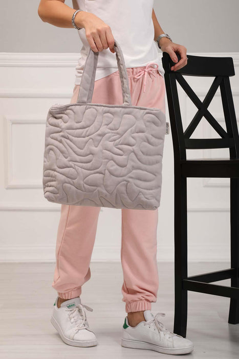 Linen Textured Zippered Hand Shoulder Bag Casual Daily Laptop Workbag with Handicraft Stitches,CK-16 Grey