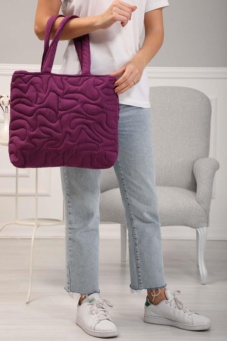 Linen Textured Zippered Hand Shoulder Bag Casual Daily Laptop Workbag with Handicraft Stitches,CK-16 Purple