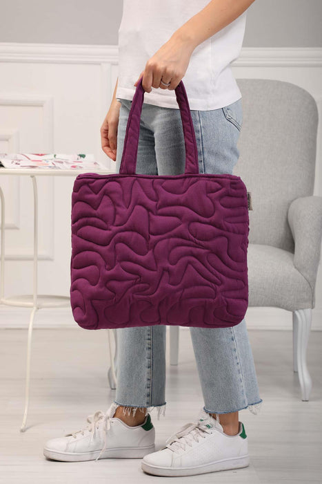 Linen Textured Zippered Hand Shoulder Bag Casual Daily Laptop Workbag with Handicraft Stitches,CK-16 Purple