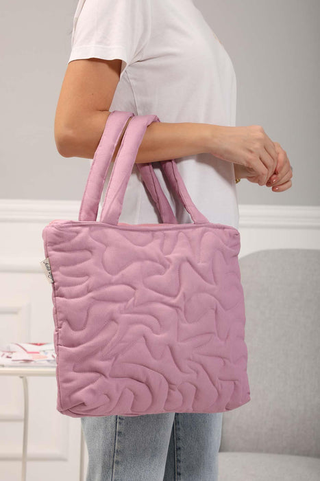 Linen Textured Zippered Hand Shoulder Bag Casual Daily Laptop Workbag with Handicraft Stitches,CK-16 Light Dried Rose
