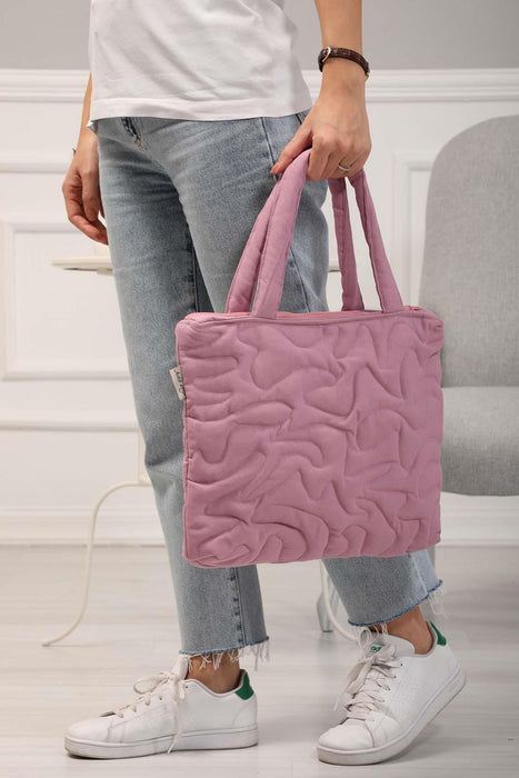 Linen Textured Zippered Hand Shoulder Bag Casual Daily Laptop Workbag with Handicraft Stitches,CK-16 Light Dried Rose