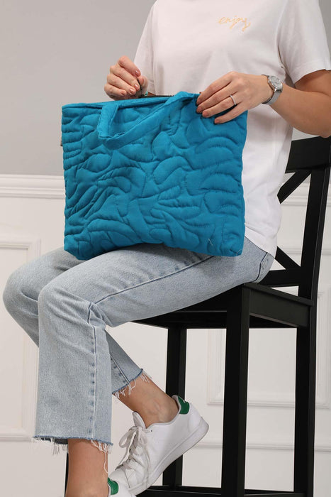 Linen Textured Zippered Hand Shoulder Bag Casual Daily Laptop Workbag with Handicraft Stitches,CK-16 Petrol Green