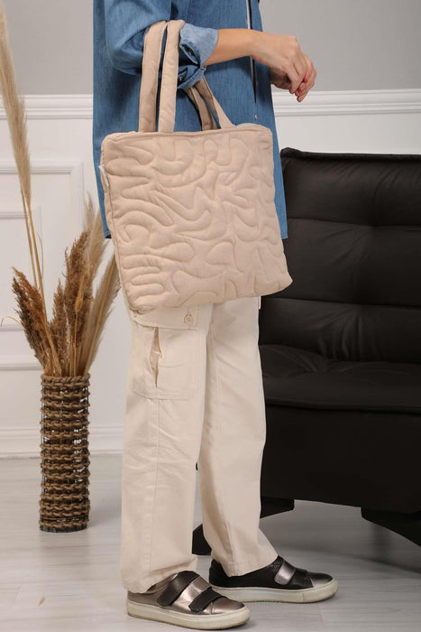 Linen Textured Zippered Hand Shoulder Bag Casual Daily Laptop Workbag with Handicraft Stitches,CK-16 Beige
