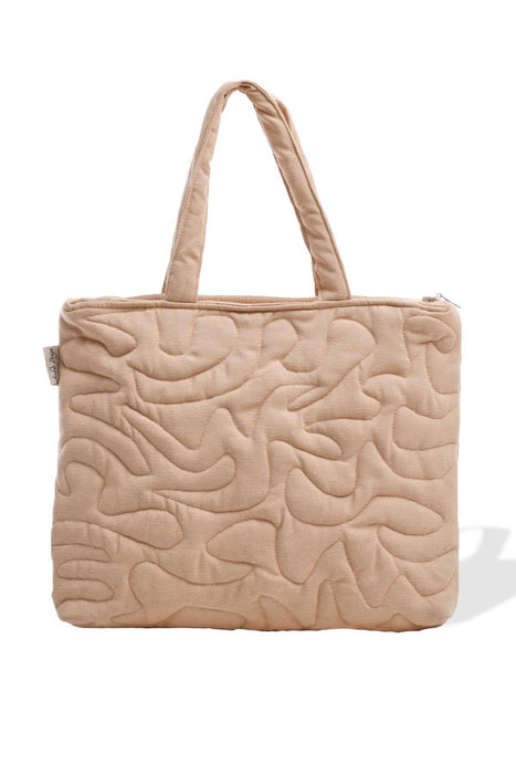 Linen Textured Zippered Hand Shoulder Bag Casual Daily Laptop Workbag with Handicraft Stitches,CK-16 Beige
