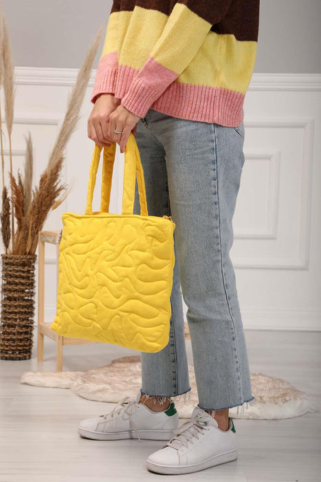 Linen Textured Zippered Hand Shoulder Bag Casual Daily Laptop Workbag with Handicraft Stitches,CK-16 Yellow