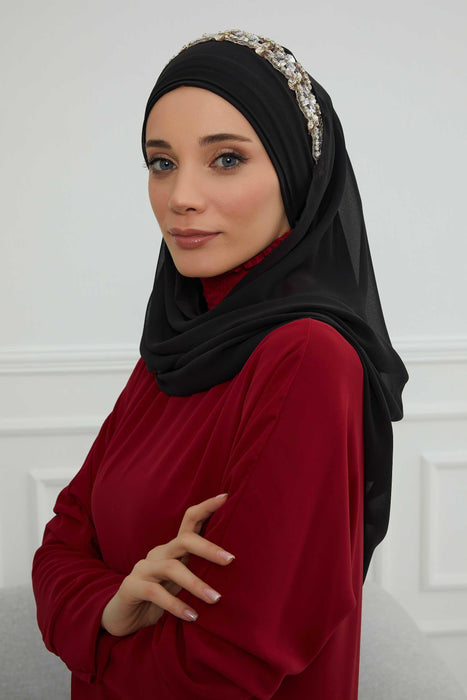 شال شيفون فوري مع إكسسوارات حجرية أنيقة حجاب سهرة جاهز للارتداء قبعة عمامة محتشمة، CPS-100