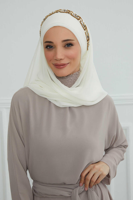 شال شيفون فوري مع إكسسوارات حجرية أنيقة حجاب سهرة جاهز للارتداء قبعة عمامة محتشمة، CPS-100