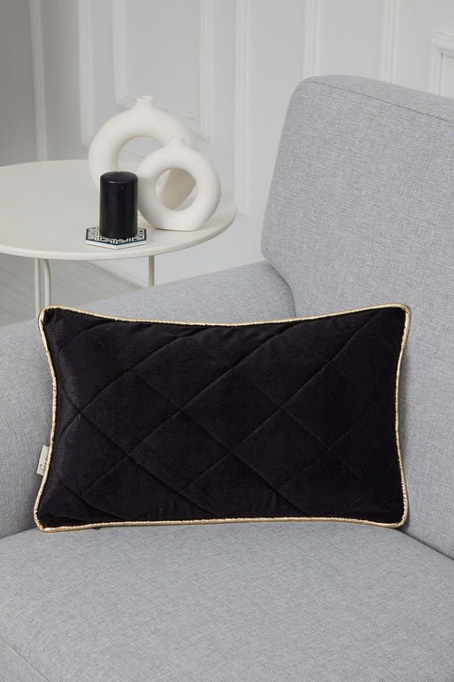 Luxury Quilted Velvet Pillow Cover with Gold Stripe Edges, 12x20 Inches Rectangle Throw Pillow Cover, Housewarming Pillow Cover Gift,K-317 Black