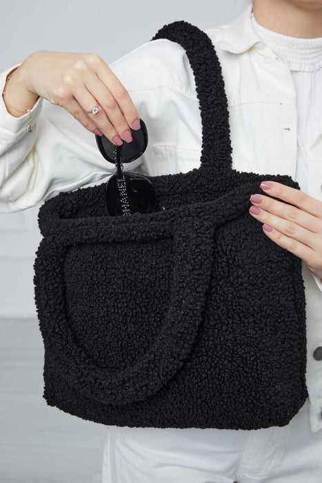 Magnetic Closure Teddy Fabric Shoulder Bag Handmade Daily Bag Handbag Tote Bag for Women,CK-41 Black