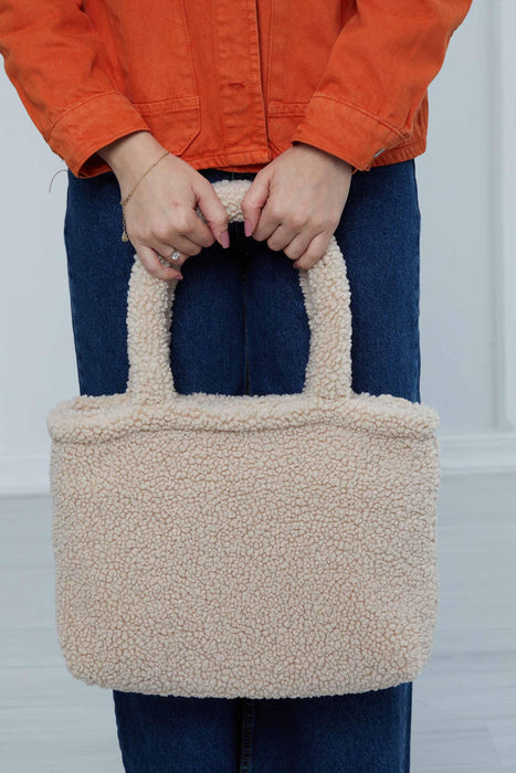 Magnetic Closure Teddy Fabric Shoulder Bag Handmade Daily Bag Handbag Tote Bag for Women,CK-41 Beige