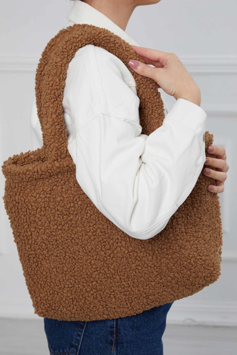 Magnetic Closure Teddy Fabric Shoulder Bag Handmade Daily Bag Handbag Tote Bag for Women,CK-41 Light Brown