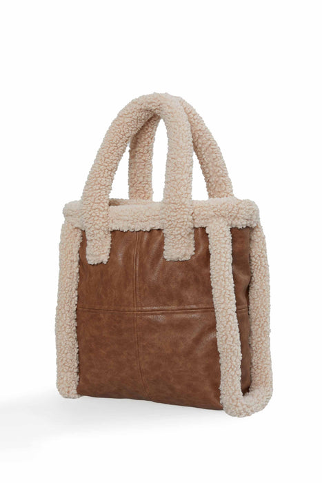 Magnetic Closure Teddy Fabric Shoulder Bag Handmade Daily Bag Handbag Tote Bag with Leather for Women,CK-40 Light Brown - Beige