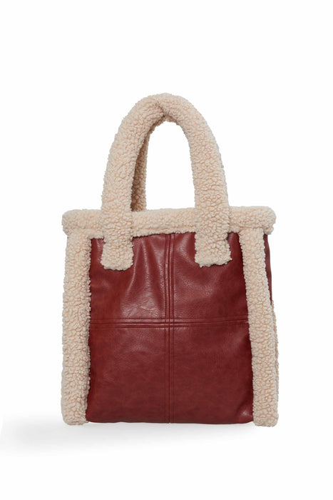 Magnetic Closure Teddy Fabric Shoulder Bag Handmade Daily Bag Handbag Tote Bag with Leather for Women,CK-40 Tile Red - Beige