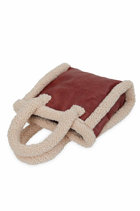 Magnetic Closure Teddy Fabric Shoulder Bag Handmade Daily Bag Handbag Tote Bag with Leather for Women,CK-40 Tile Red - Beige