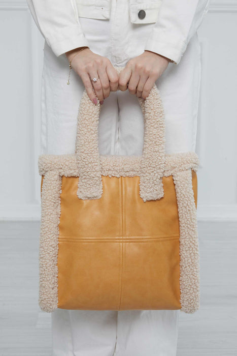 Magnetic Closure Teddy Fabric Shoulder Bag Handmade Daily Bag Handbag Tote Bag with Leather for Women,CK-40 Mustard - Beige
