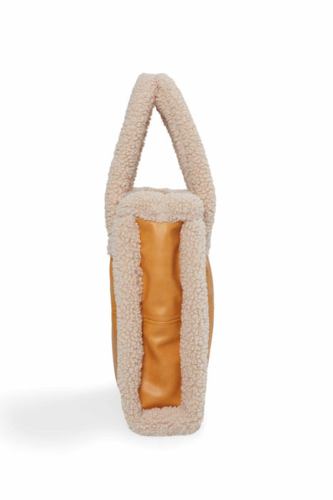 Magnetic Closure Teddy Fabric Shoulder Bag Handmade Daily Bag Handbag Tote Bag with Leather for Women,CK-40 Mustard - Beige