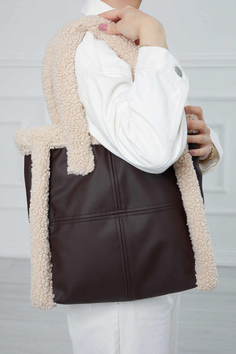 Magnetic Closure Teddy Fabric Shoulder Bag Handmade Daily Bag Handbag Tote Bag with Leather for Women,CK-40 Dark Brown - Beige