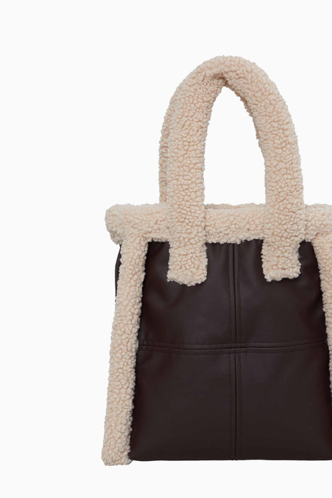 Magnetic Closure Teddy Fabric Shoulder Bag Handmade Daily Bag Handbag Tote Bag with Leather for Women,CK-40 Dark Brown - Beige