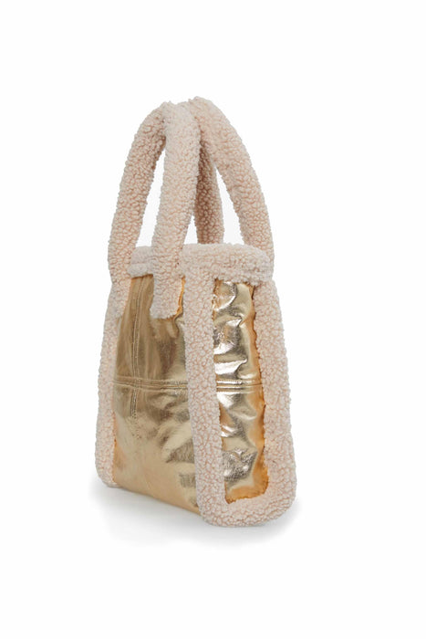 Magnetic Closure Teddy Fabric Shoulder Bag Handmade Daily Bag Handbag Tote Bag with Leather for Women,CK-40 Gold - Beige
