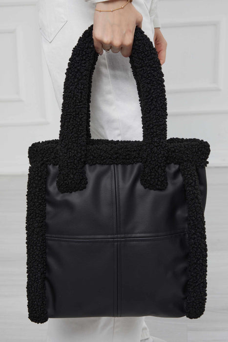 Magnetic Closure Teddy Fabric Shoulder Bag Handmade Daily Bag Handbag Tote Bag with Leather for Women,CK-40 Black - Black
