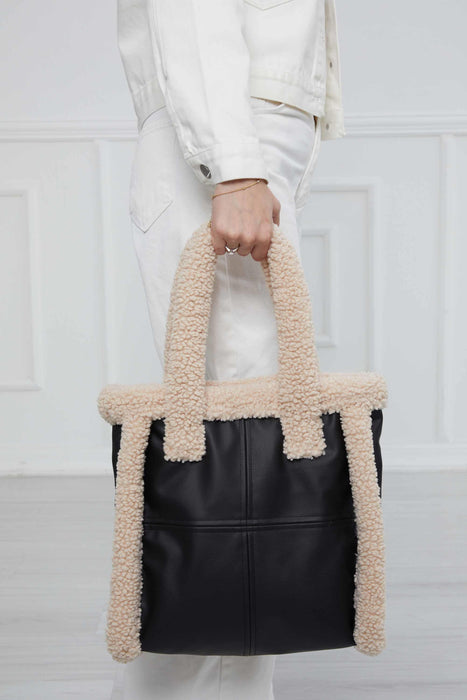 Magnetic Closure Teddy Fabric Shoulder Bag Handmade Daily Bag Handbag Tote Bag with Leather for Women,CK-40 Black - Beige
