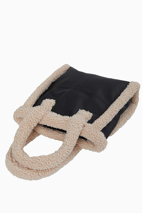 Magnetic Closure Teddy Fabric Shoulder Bag Handmade Daily Bag Handbag Tote Bag with Leather for Women,CK-40 Black - Beige
