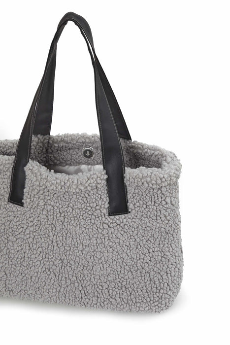 Magnetic Closure Teddy Fabric Shoulder Bag Handmade Daily Bag Handbag with Leather Strap for Women,CK-38 Grey - Black