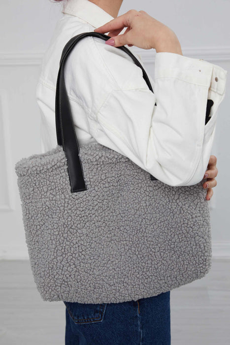 Magnetic Closure Teddy Fabric Shoulder Bag Handmade Daily Bag Handbag with Leather Strap for Women,CK-38 Grey - Black