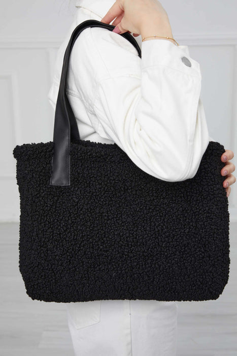 Magnetic Closure Teddy Fabric Shoulder Bag Handmade Daily Bag Handbag with Leather Strap for Women,CK-38 Black - Black