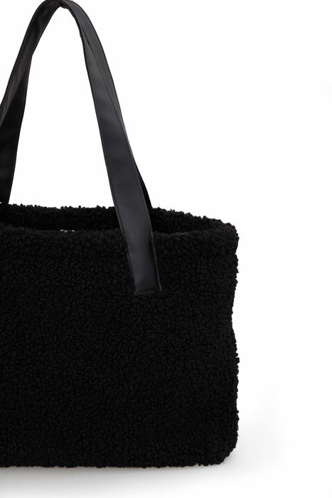Magnetic Closure Teddy Fabric Shoulder Bag Handmade Daily Bag Handbag with Leather Strap for Women,CK-38 Black - Black