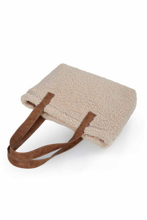 Magnetic Closure Teddy Fabric Shoulder Bag Handmade Daily Bag Handbag with Leather Strap for Women,CK-38 Beige - Light Brown