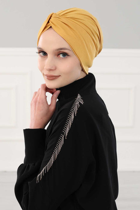 Maharajah Instant Turban Hijab for Women Headwrap Lightweight Headscarf Modest Headwear, Plain Stylish Bonnet Cap for Women,B-4 Mustard Yellow