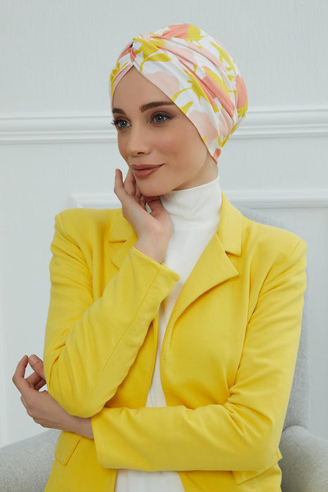 Maharajah Style Instant Turban with Various Pattern Options, Flexible Patterned Turban Bonnet Head Wrap made from Soft Cotton,B-4YD Floral Sunrise
