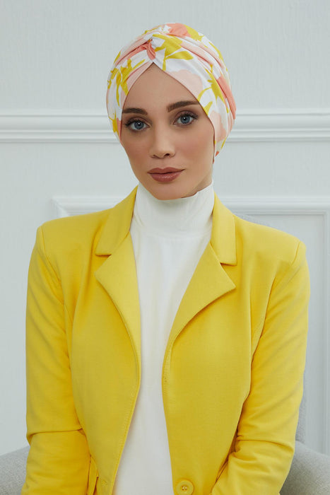 Maharajah Style Instant Turban with Various Pattern Options, Flexible Patterned Turban Bonnet Head Wrap made from Soft Cotton,B-4YD Floral Sunrise