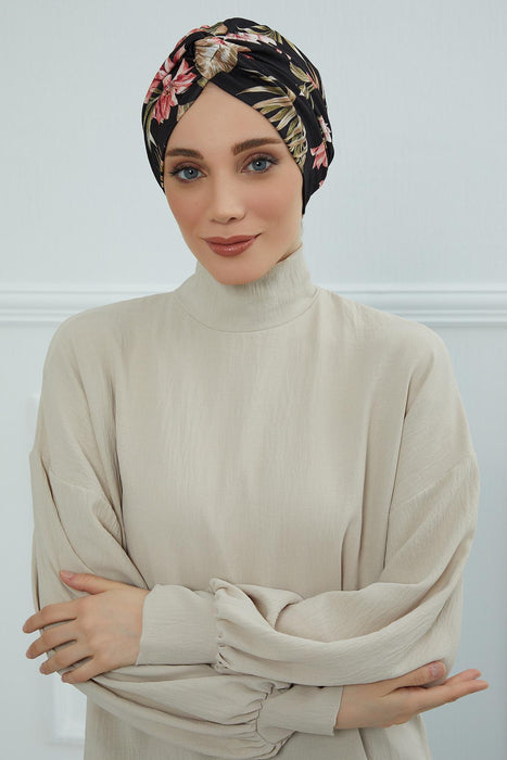 Maharajah Style Instant Turban with Various Pattern Options, Flexible Patterned Turban Bonnet Head Wrap made from Soft Cotton,B-4YD Dark Forest