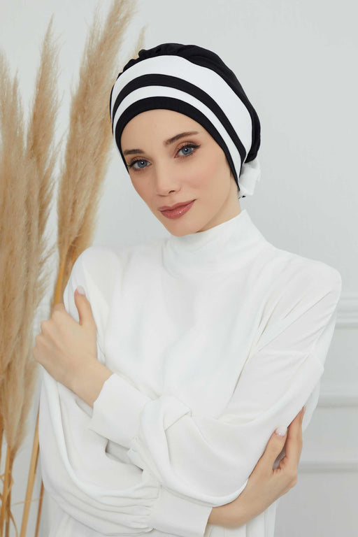 Stylish Double Colored Pre-tied Instant Turban For Women, Aerobin Fabric Floral Hijab Headscarf, Comfortable No Wrinkle Chemo Headwear,B-67 Black-White