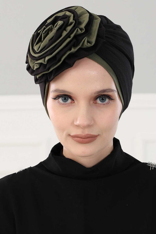 Floral Pre-Tied Instant Turban Fashionable Head Covering with Twin Colors, Soft Combed Cotton Easy Wear Hijab Headwrap with Rose Detail,B-28 Black - Army Green