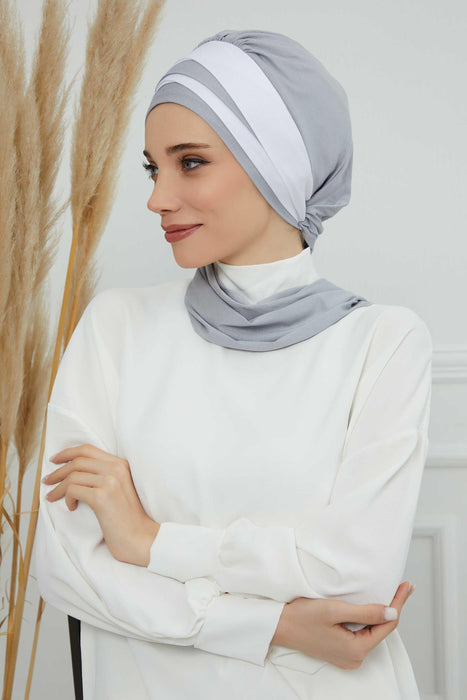 Multicolor Instant Turban Cotton Scarf Head Turbans For Women, Two Colours Cotton Instant Turban Headwear with Elegant Design,HT-80 Grey 2 -White