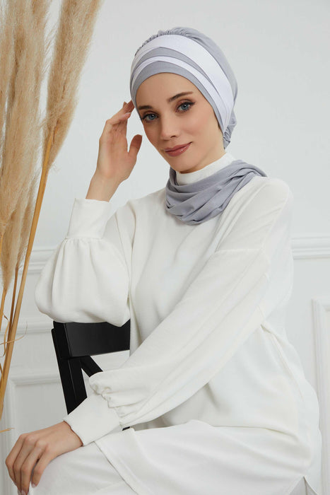 Multicolor Instant Turban Cotton Scarf Head Turbans For Women, Two Colours Cotton Instant Turban Headwear with Elegant Design,HT-80 Grey 2 -White