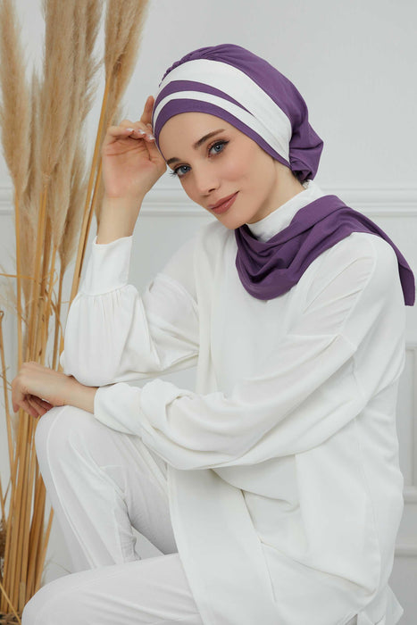Multicolor Instant Turban Cotton Scarf Head Turbans For Women, Two Colours Cotton Instant Turban Headwear with Elegant Design,HT-80 Purple 2 - Ivory