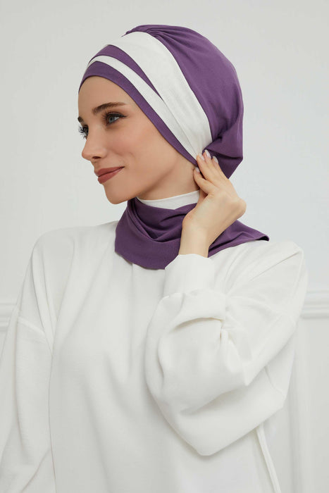 Multicolor Instant Turban Cotton Scarf Head Turbans For Women, Two Colours Cotton Instant Turban Headwear with Elegant Design,HT-80 Purple 2 - Ivory