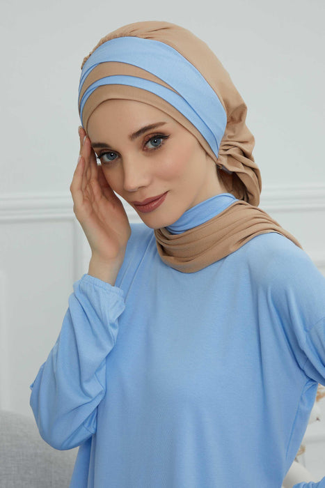 Multicolor Instant Turban Cotton Scarf Head Turbans For Women, Two Colours Cotton Instant Turban Headwear with Elegant Design,HT-80 Sand Brown- Blue