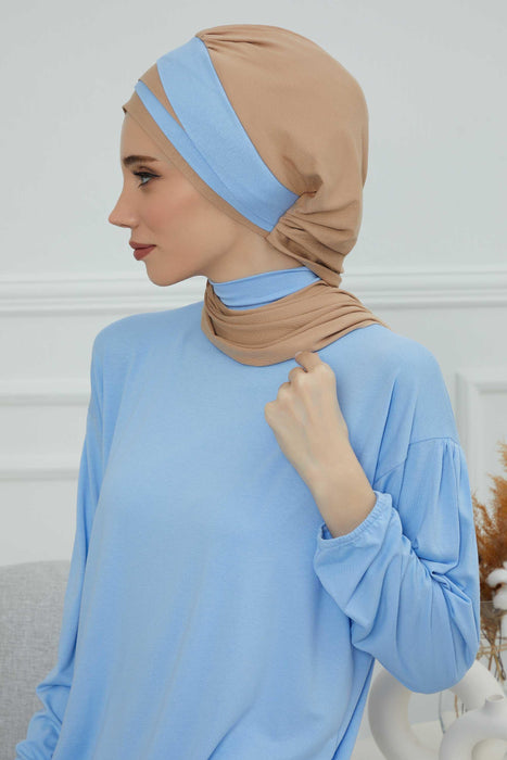 Multicolor Instant Turban Cotton Scarf Head Turbans For Women, Two Colours Cotton Instant Turban Headwear with Elegant Design,HT-80 Sand Brown- Blue