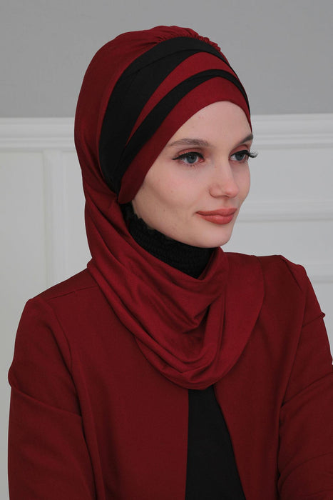 Multicolor Instant Turban Cotton Scarf Head Turbans For Women, Two Colours Cotton Instant Turban Headwear with Elegant Design,HT-80 Maroon - Black