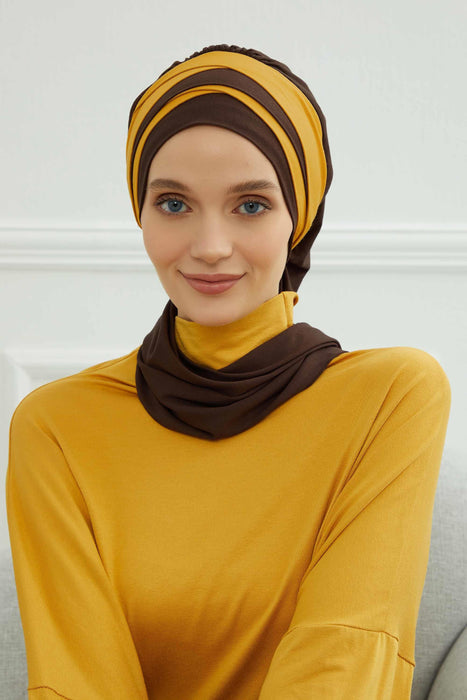 Multicolor Instant Turban Cotton Scarf Head Turbans For Women, Two Colours Cotton Instant Turban Headwear with Elegant Design,HT-80 Brown - Mustard Yellow