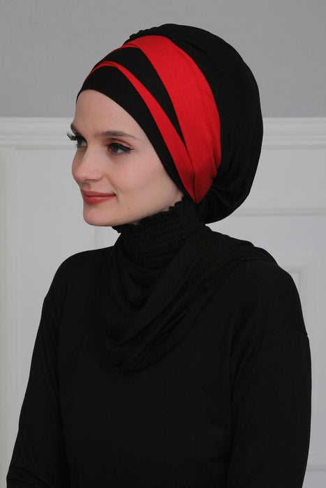 Multicolor Instant Turban Cotton Scarf Head Turbans For Women, Two Colours Cotton Instant Turban Headwear with Elegant Design,HT-80 Black - Red