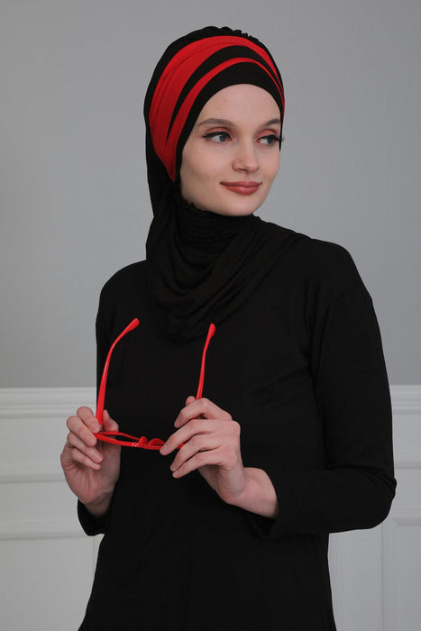 Multicolor Instant Turban Cotton Scarf Head Turbans For Women, Two Colours Cotton Instant Turban Headwear with Elegant Design,HT-80 Black - Red