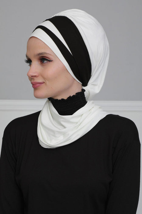 Multicolor Instant Turban Cotton Scarf Head Turbans For Women, Two Colours Cotton Instant Turban Headwear with Elegant Design,HT-80 Ivory - Black
