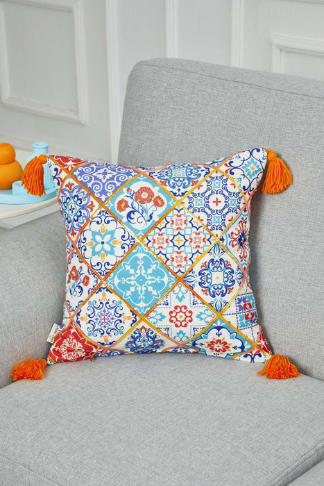 Multicolor Moroccan Tile-Inspired Pillow Cover with Orange Tassels, 18x18 Inches Eclectic Mosaic Cushion Case for Unique Home Decor,K-362 Suzani Pattern 32