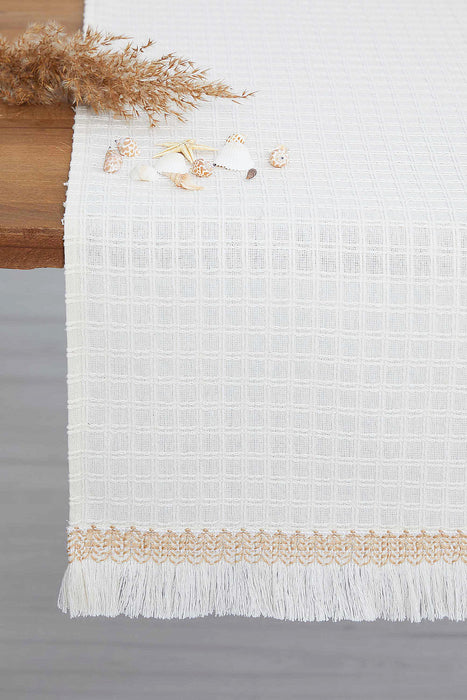 Natural Cotton Table Runner with Textured Weave and Tassel Trim, Handmade 36x16 Inches Chic Plain Table Runner, Modern Table Decoration,R-60 Ivory - Gold